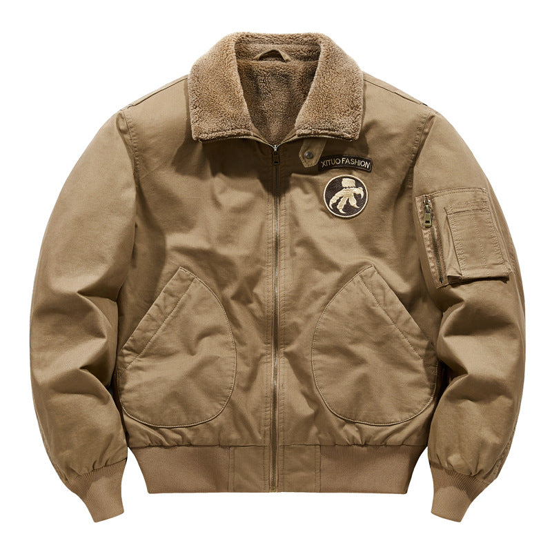 Men's  shearling-collar aviator bomber jacket with utility sleeve pocket Drune