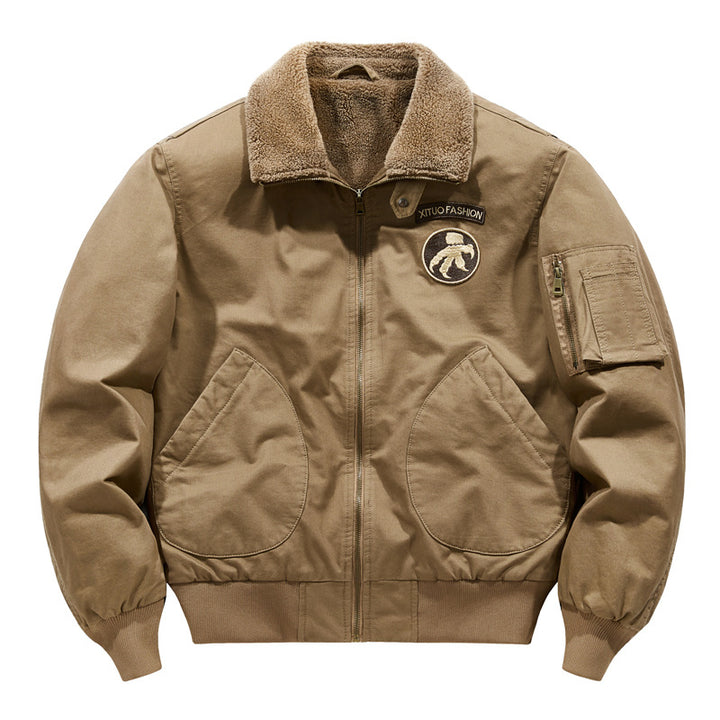 Men's  shearling-collar aviator bomber jacket with utility sleeve pocket Drune