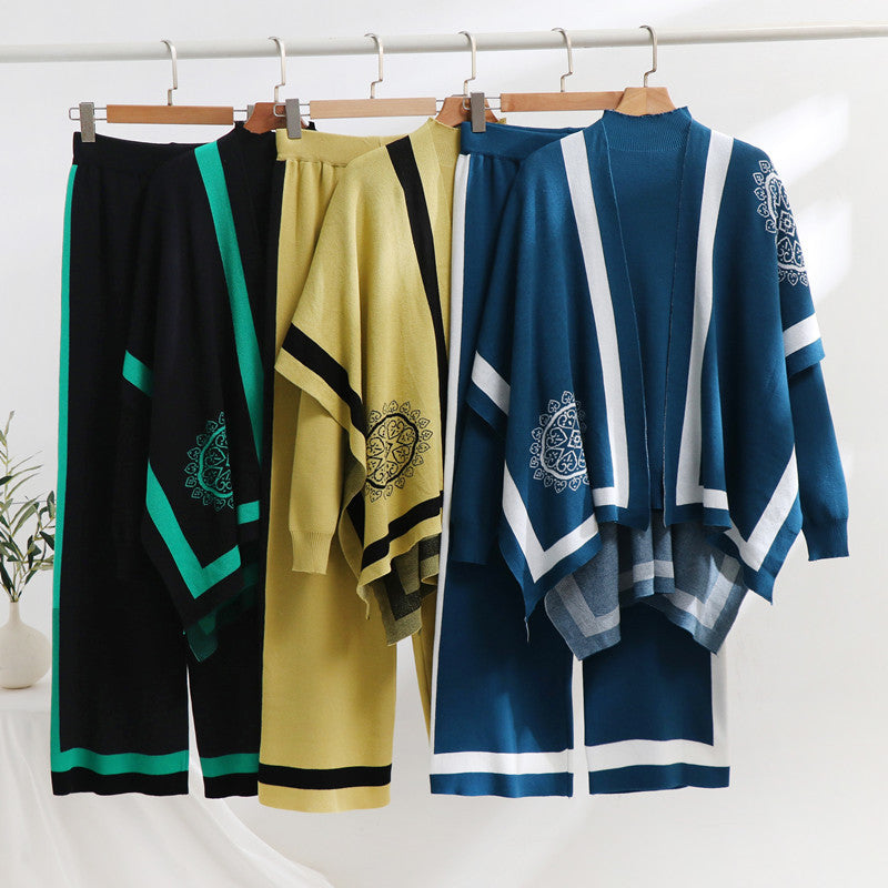 Damen elegantes Strick-Loungewear-Set mit grafischem Muster und weiten Ärmeln Drune