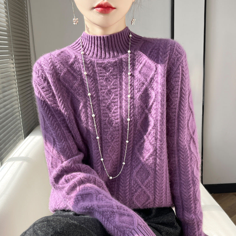 Damen Zopfmuster-Mockneckpullover mit feinem Ajour‑Detail und flauschiger Kaschmir‑Optik Drune