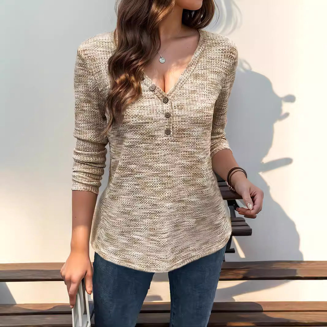 Damen Langarmshirt mit strukturiertem Halsausschnitt und Knopfdetails Drune