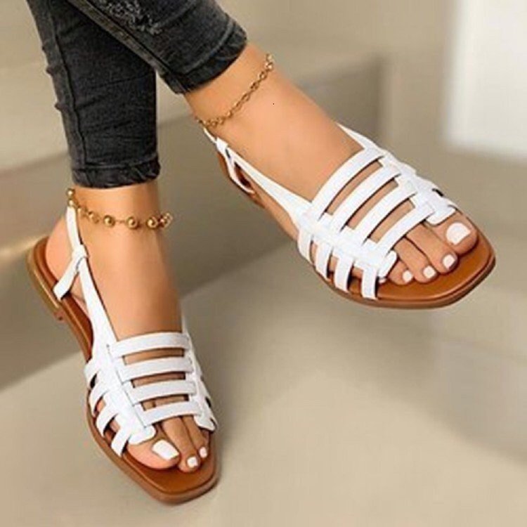 Damen Geflochtene Riemen-Sandalen mit flacher Laufsohle und offenem Zehenbereich Drune
