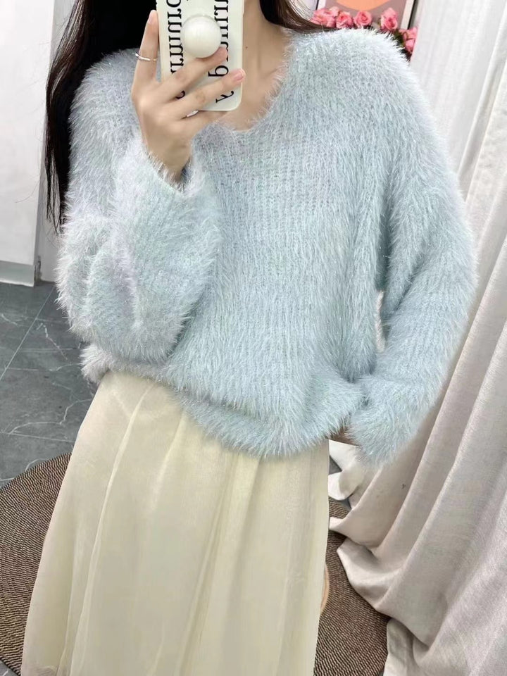Damen Flauschiger V-Ausschnitt Pullover mit langem Arm und Glitzerfäden Drune