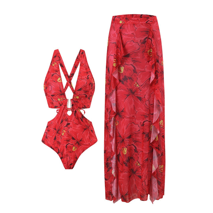 Damen Badeanzug mit floralen Akzenten und passendem Wickelrock Drune
