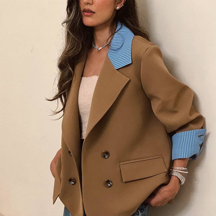 Damen Oversize-doppelreihiger Blazer mit kontrastkragen & aufschlagärmeln Drune