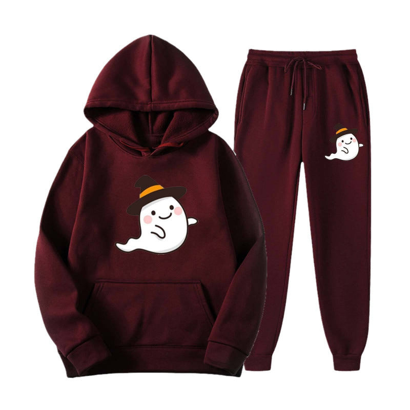 Unisex nan kuscheliger Kapuzenpullover und Jogginghose Set mit Halloween-Geistprint Drune