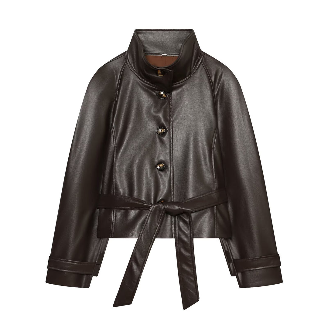 Damen Taillierte Cropped Veganlederjacke mit Stehkragen und Bindegürtel Drune