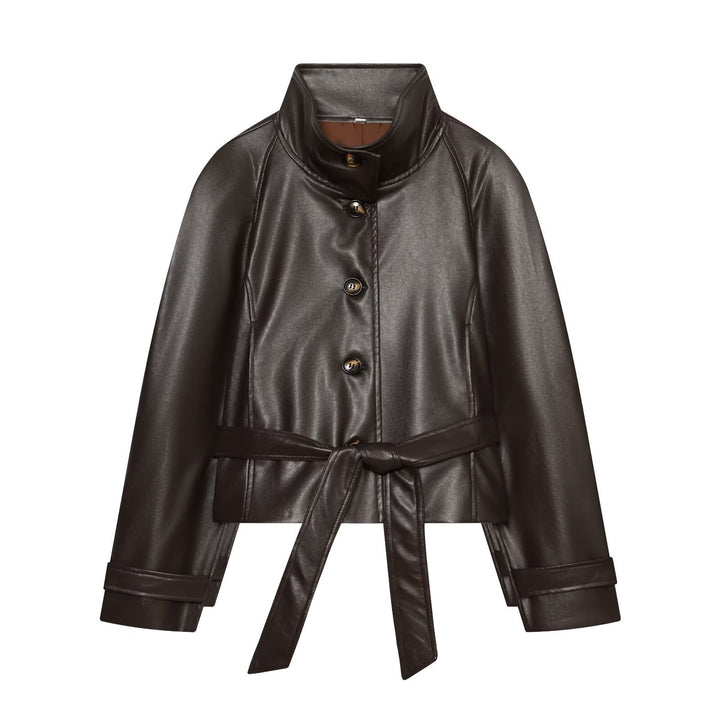 Damen Taillierte Cropped Veganlederjacke mit Stehkragen und Bindegürtel Drune