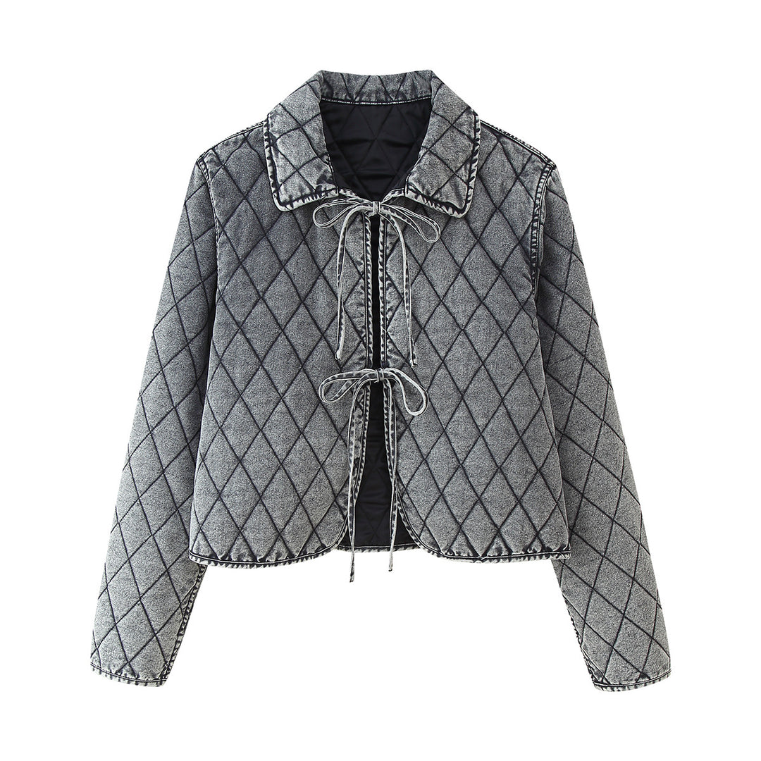 Damen nan kastige gesteppte Denim‑Optik Kurzjacke mit Rautenmuster und Bindebändern Drune