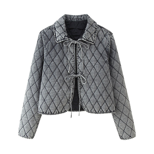 Damen nan kastige gesteppte Denim‑Optik Kurzjacke mit Rautenmuster und Bindebändern Drune