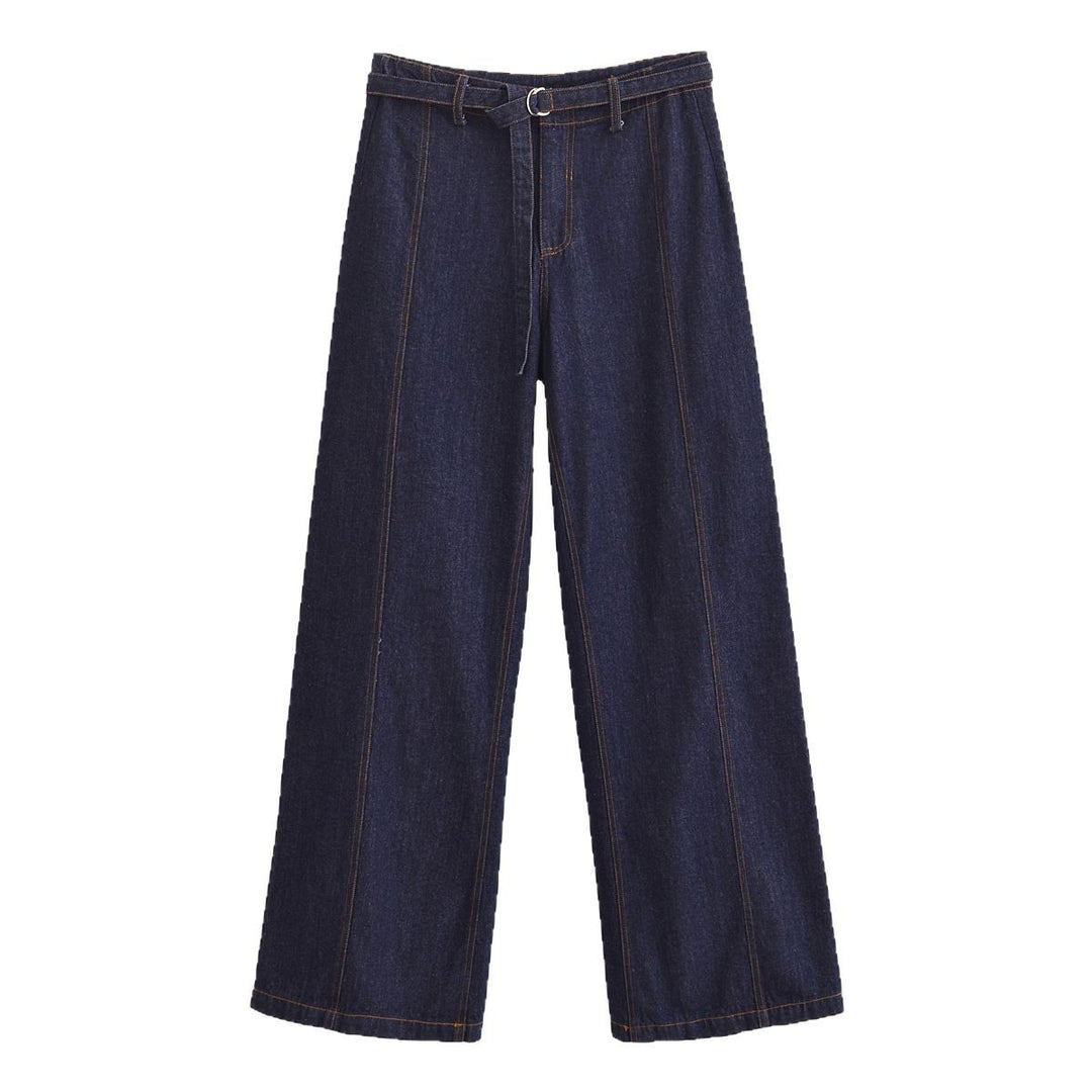 Damen Weite High‑Waist-Jeanshose im Palazzo-Schnitt mit Mittelnaht und D-Ring-Gürtel Drune