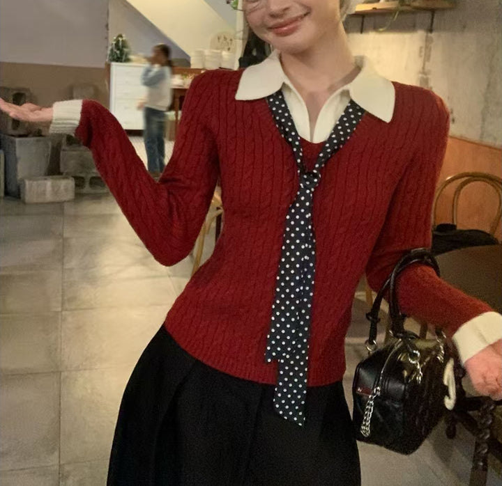 Damen Ribbed Strickpullover mit Hemdkragen und Krawatte Drune