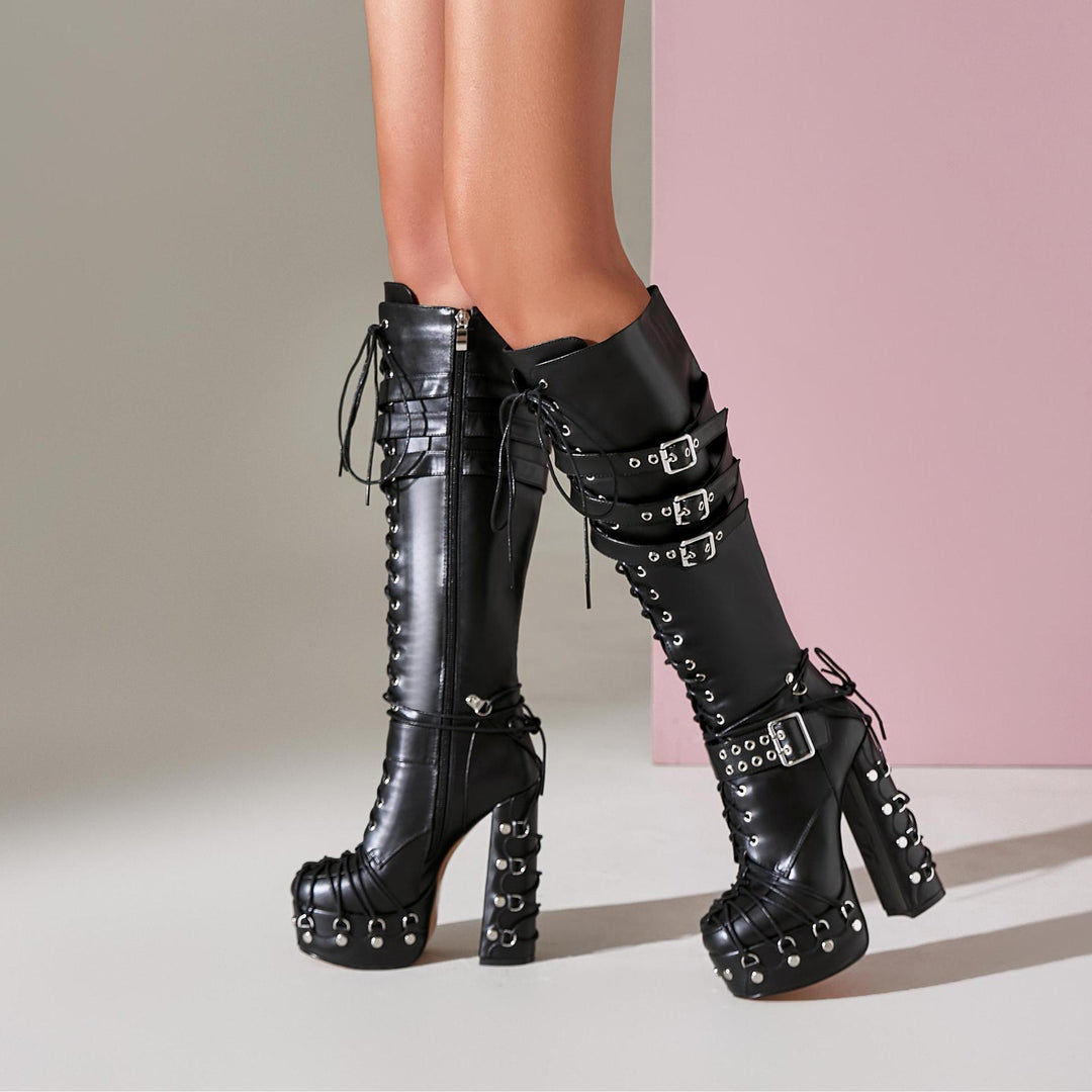 Damen High-Heeled Platform Schnürung kniehohe Stiefel Drune