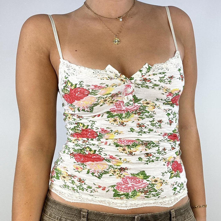 Damen Top mit Spitzenbesatz und floralen Mustern Drune