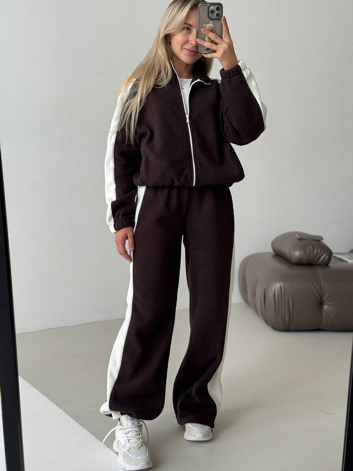 Damen sportlich-elegantes Fleece-Trainingsset mit kurzem Stehkragen-Zip, elastischem Bund und seitlichen Kontrastbahnen Drune