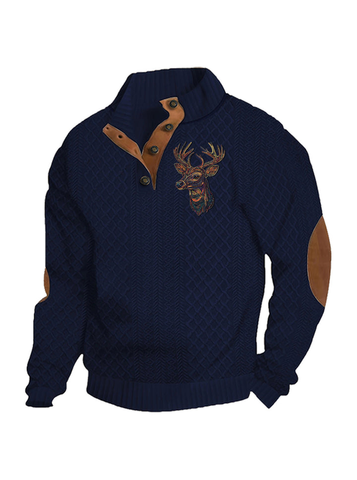 Herren nan Heritage-Strukturpullover mit Stehkragen Lederimitat-Besatz Ellenbogen-Patches und Halbknopfleiste Drune
