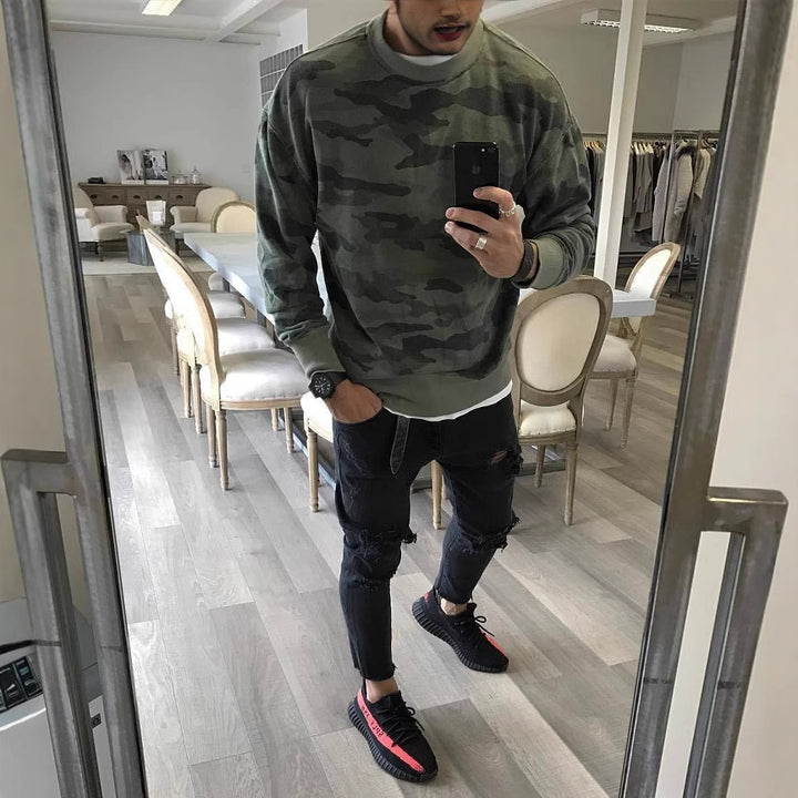Herren Oversized Camouflage-Sweatshirt mit Rundhalsausschnitt und Rippbündchen Drune