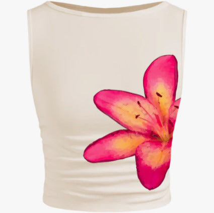 Damen ärmelloses Crop-Top mit floralem Motiv und figurbetontem Schnitt Drune