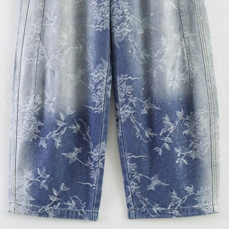 Damen Highwaist Culotte-Jeans mit weitem Bein und floraler Bleach-Optik Drune