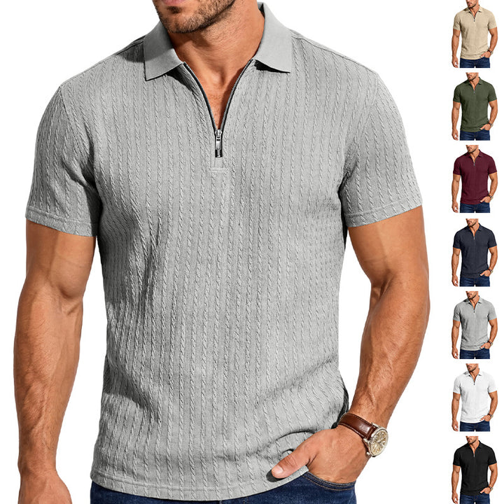 Herren Kurzarm-Strickpoloshirt mit Reißverschluss und Zopfstrickstruktur Drune
