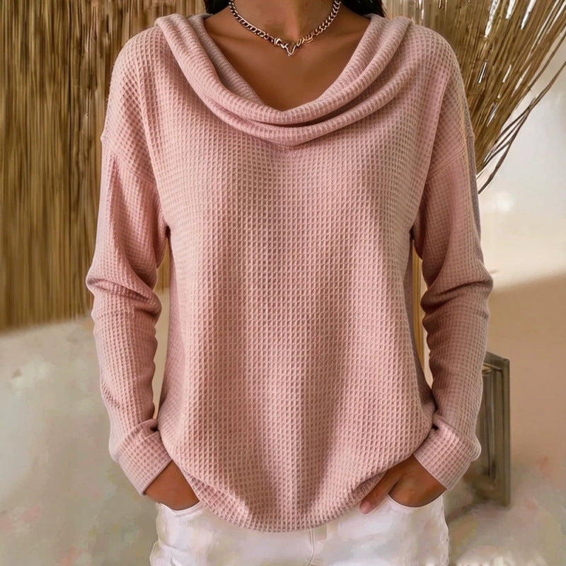 Damen Lässiger Waffelstrick-Pullover mit weitem Wasserfallkragen und gerundetem Saum Drune