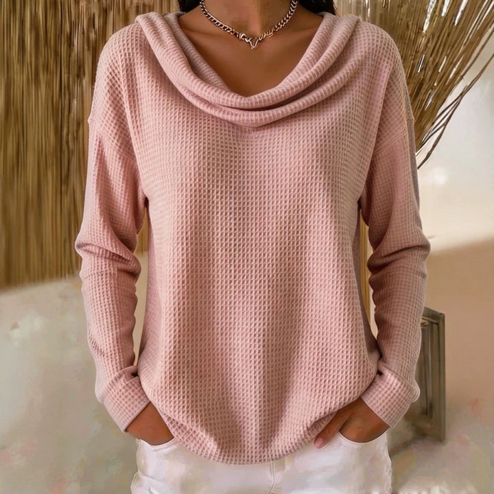 Damen Lässiger Waffelstrick-Pullover mit weitem Wasserfallkragen und gerundetem Saum Drune