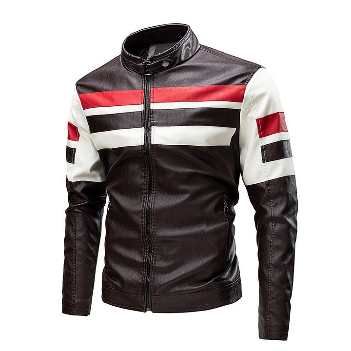 Herren Motorrad-Lederjacke im Retro-Racing-Look mit Kontraststreifen und Stehkragen Drune