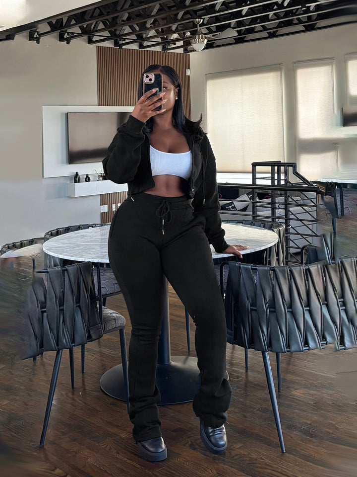 Damen nan kurz geschnittenes Zip-Hoodie und Highwaist-Jogginghose-Set mit Kordelzug und leicht gerafften Knöchelabschlüssen Drune
