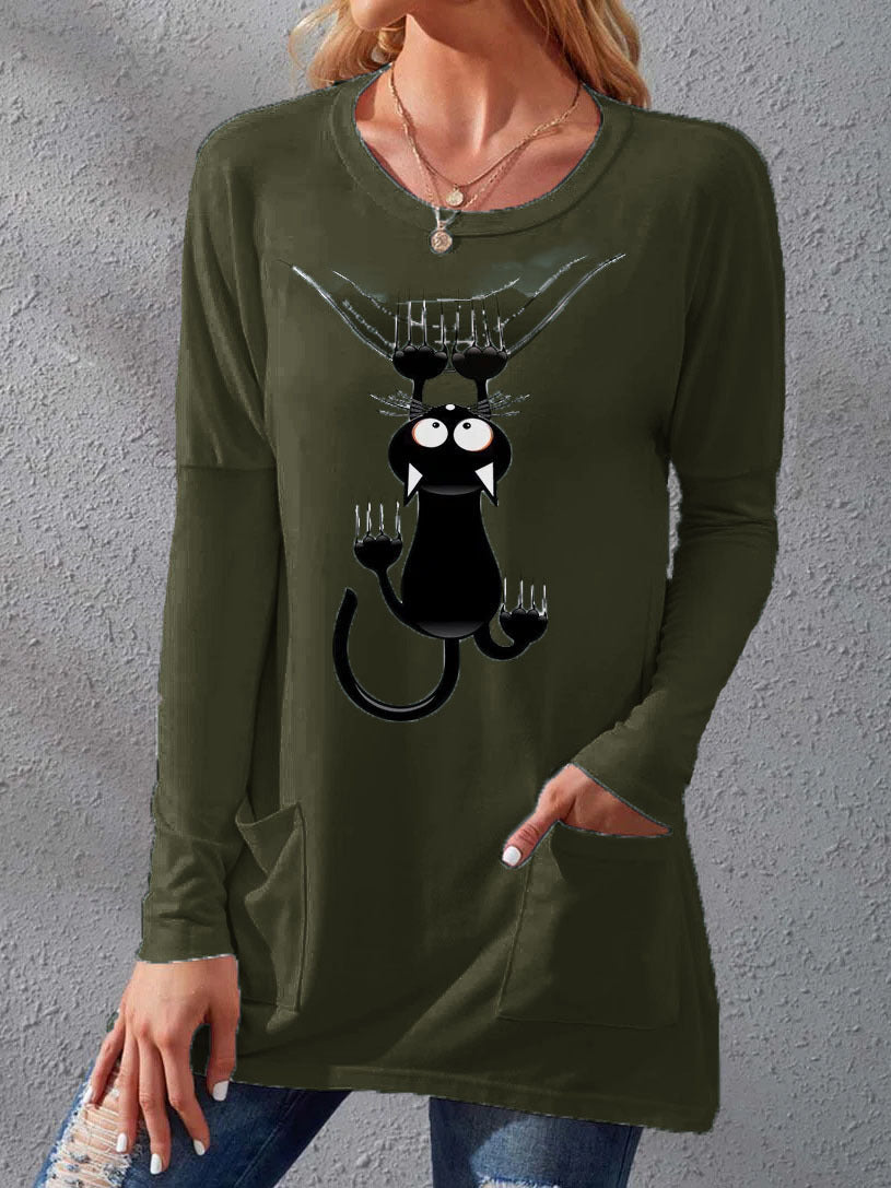 Damen Langere Baumwollmischung Tunika Shirt mit Cartoon-Katzen-Druck und Seitentaschen Drune