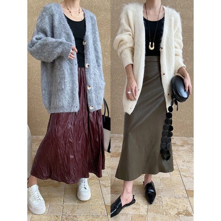 Damen kuschelige und lässige Strickjacke mit großen Knöpfen Drune