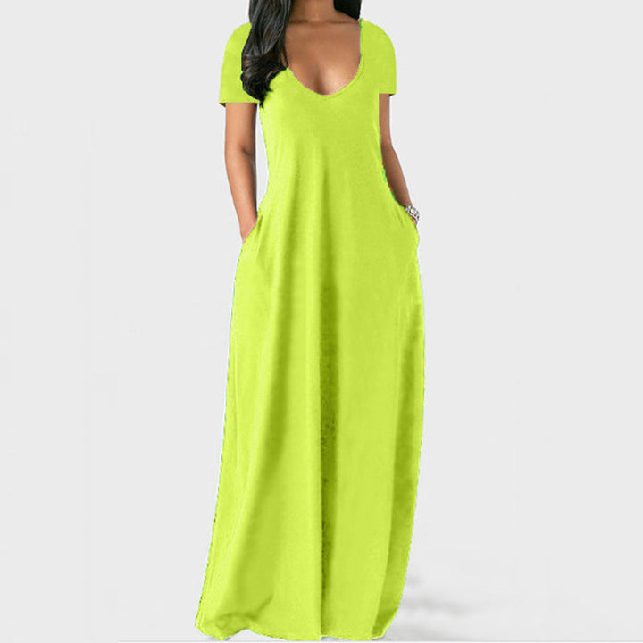 Drune | U-Ausschnitt Kurzarm Lockere Passform Maxikleid