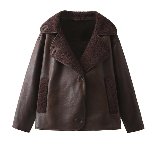 Damen nan kurz geschnittene Vintage‑Fliegerjacke mit Teddykragen und aufgesetzten Taschen Drune