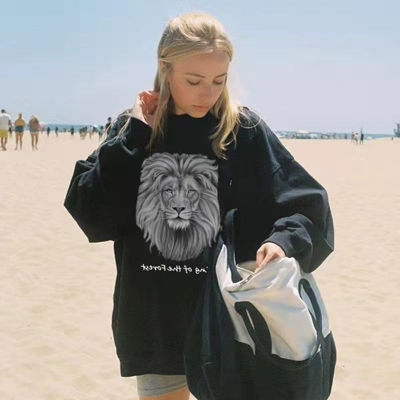 Damen nan oversized Sweatshirt mit fotorealistischem Löwenprint, Relaxed‑Fit und geripptem Rundhalsausschnitt Drune