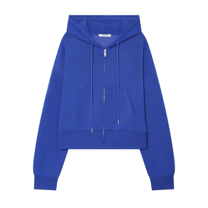 Damen Cropped Sweatjacke mit Metallreißverschluss, Kängurutasche und oversized Kapuze Drune