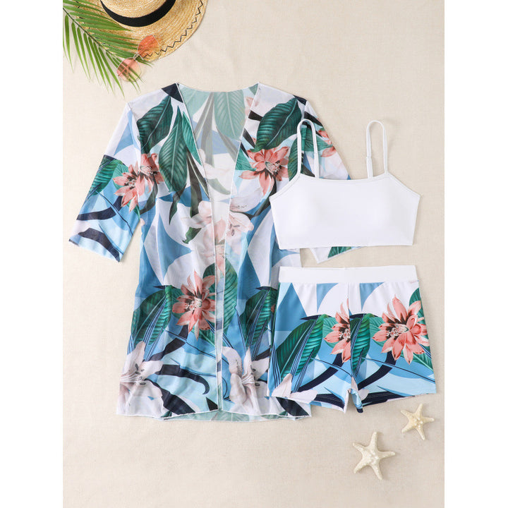 Damen Bademode-Set mit floralem Musterdruck und luftiger Wickeljacke Drune
