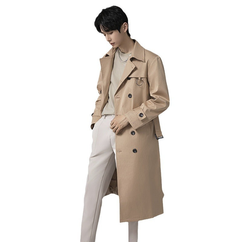 Herren Moderner Tech-Trenchcoat mit Doppelreihiger Knopfleiste, Bindegürtel und dezenten Ringdetails Drune