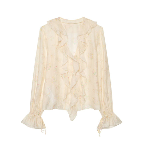 Damen Leichte Chiffonbluse mit Volantkragen V‑Ausschnitt und gerafften Manschetten Drune