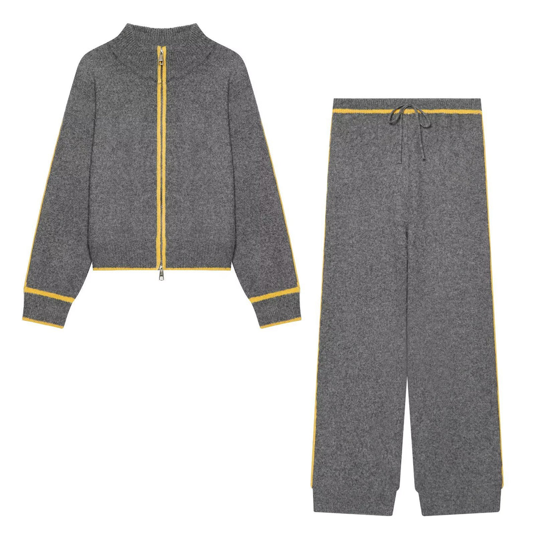Damen Strick-Set mit Reißverschlussjacke, Stehkragen und weitem Relax-Hosenbein Drune