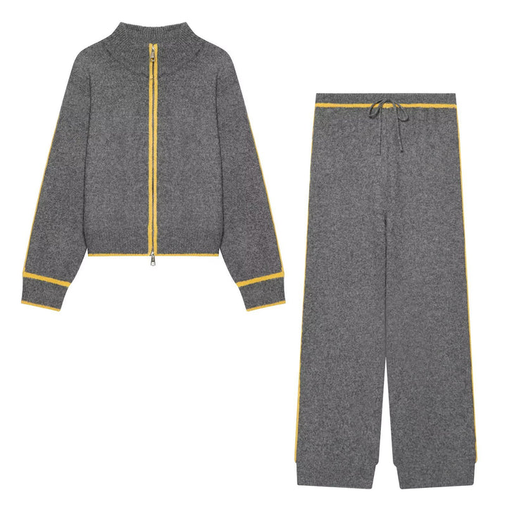 Damen Strick-Set mit Reißverschlussjacke, Stehkragen und weitem Relax-Hosenbein Drune