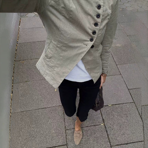 Damen Asymmetrische taillierte Leinen‑Optik Blazerjacke mit schräger Knopfleiste Drune