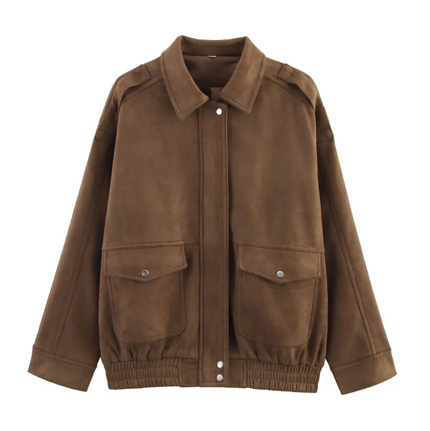 Damen 500+ lässige Velours‑Blousonjacke mit Pattentaschen und elastischem Saum Drune