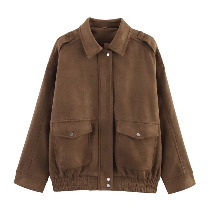 Damen 500+ lässige Velours‑Blousonjacke mit Pattentaschen und elastischem Saum Drune