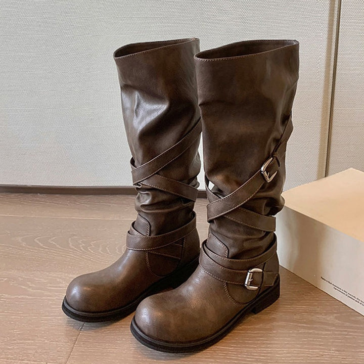 Damen Kniehohe Biker-Stiefel in Leder-Optik mit verstellbaren Schnallen Drune