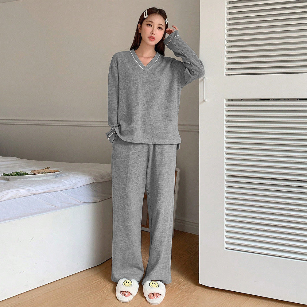 Damen gemütliches V-Neck Lounge-Set mit weitem Palazzohose-Schnitt aus weichem Jersey Drune