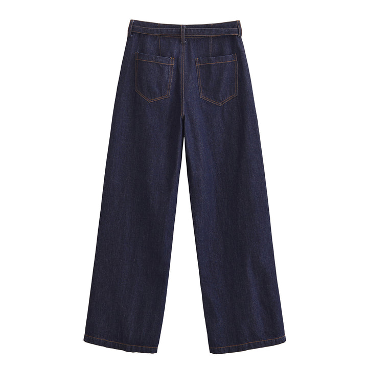 Damen Weite High‑Waist-Jeanshose im Palazzo-Schnitt mit Mittelnaht und D-Ring-Gürtel Drune