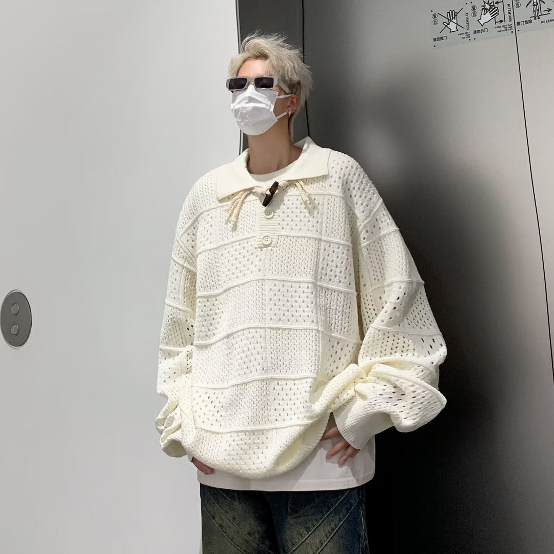 Herren Modischer Grobstrick Pullover mit Stehkragen und Knopfleiste Drune