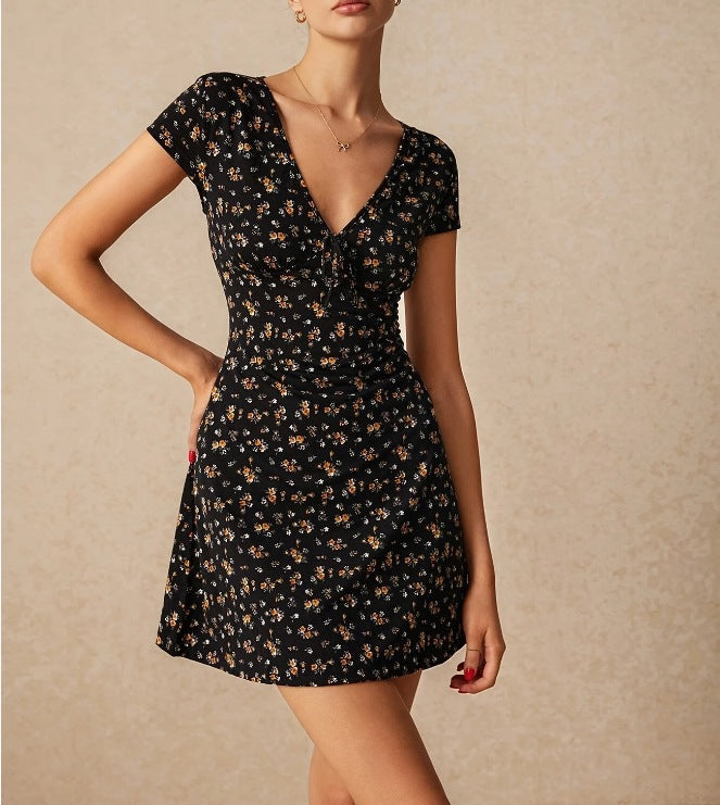Damen Kurzarm Kleid mit blumigem Schnitt und Wickeldetails Drune