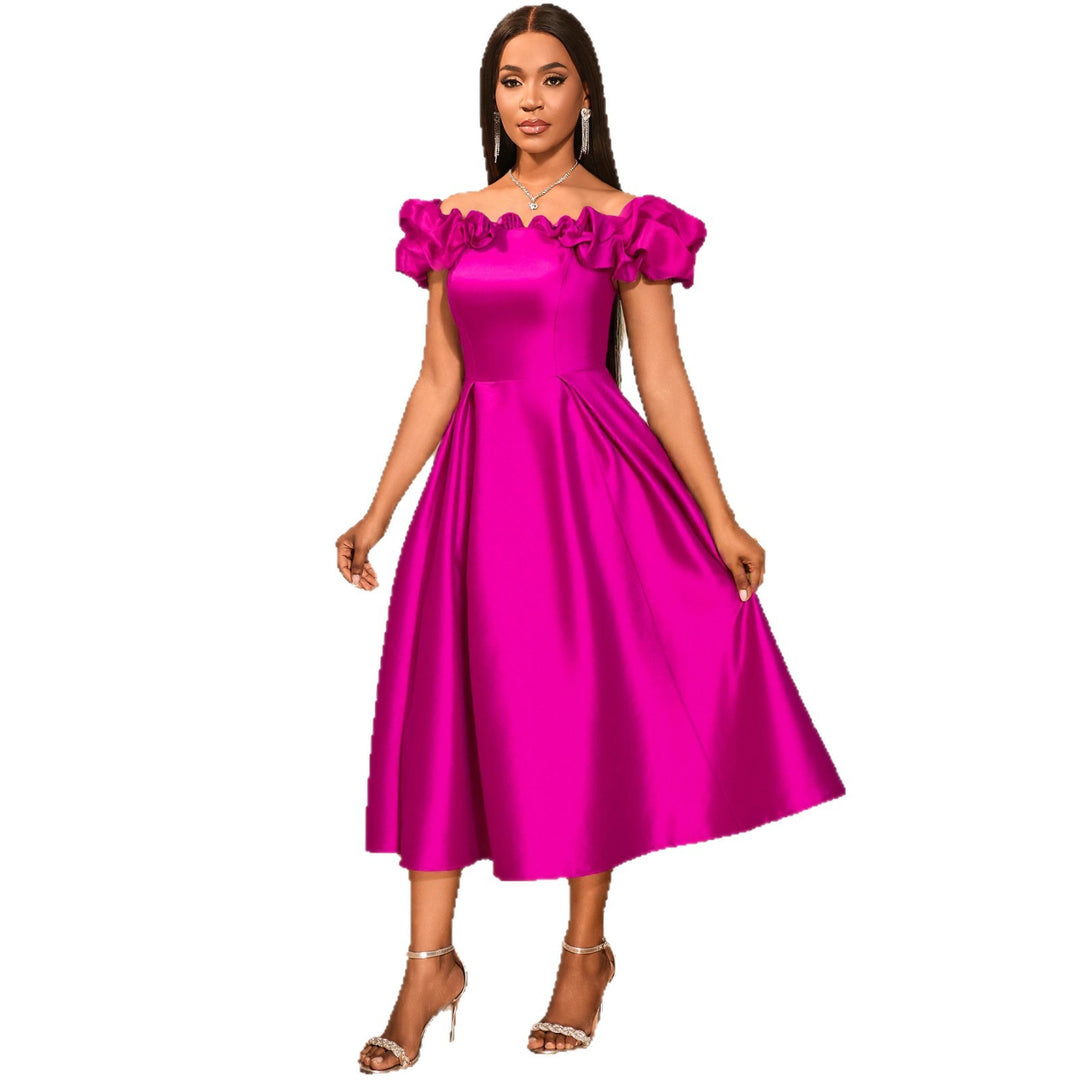 Damen Midi-Party Kleid mit schulterfreiem Design und voluminösen Rüschen Drune