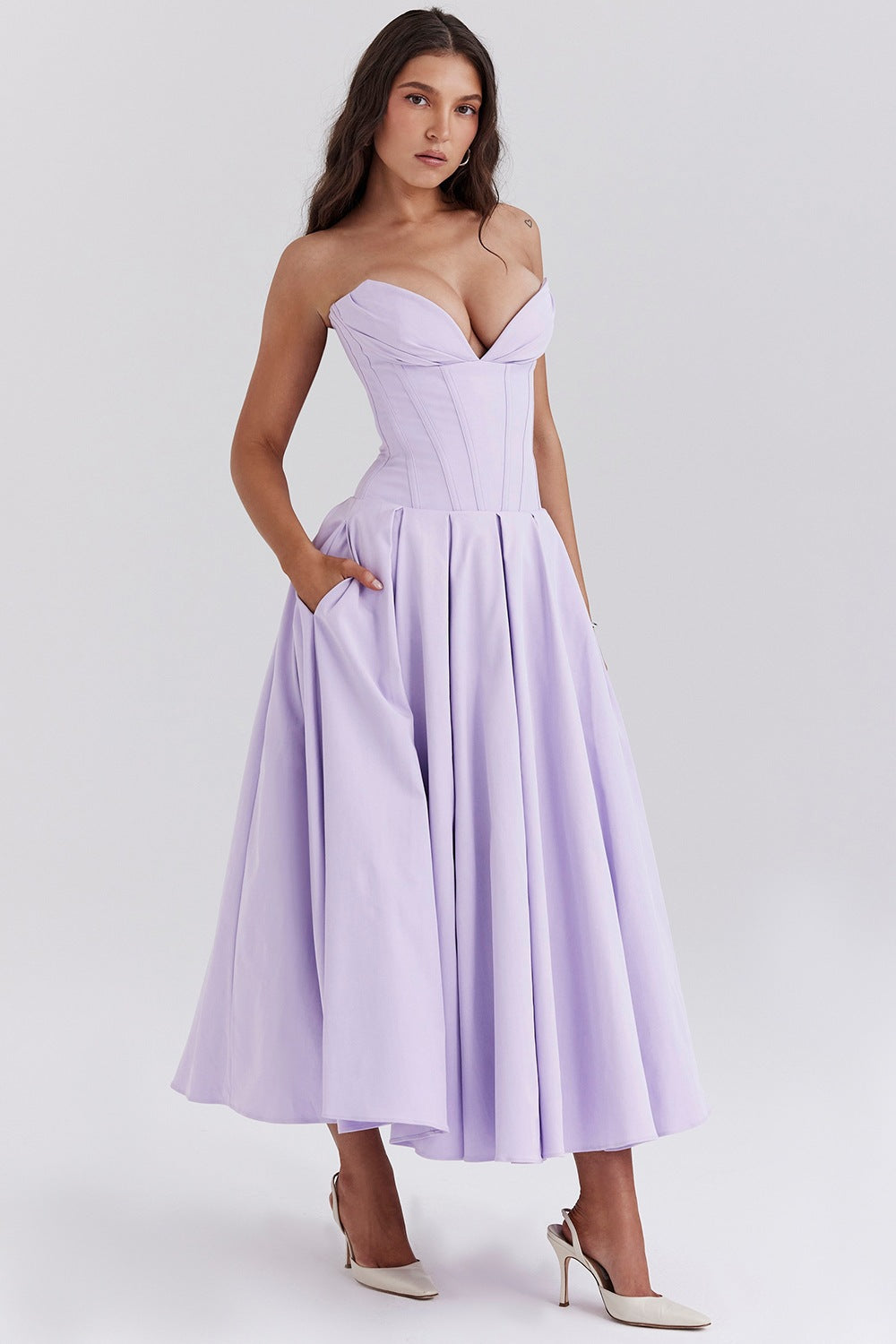 Damen nan trägerloses Korsett-Midikleid mit vorgeformter Miederkonstruktion und ausgestelltem Tellerrock Drune