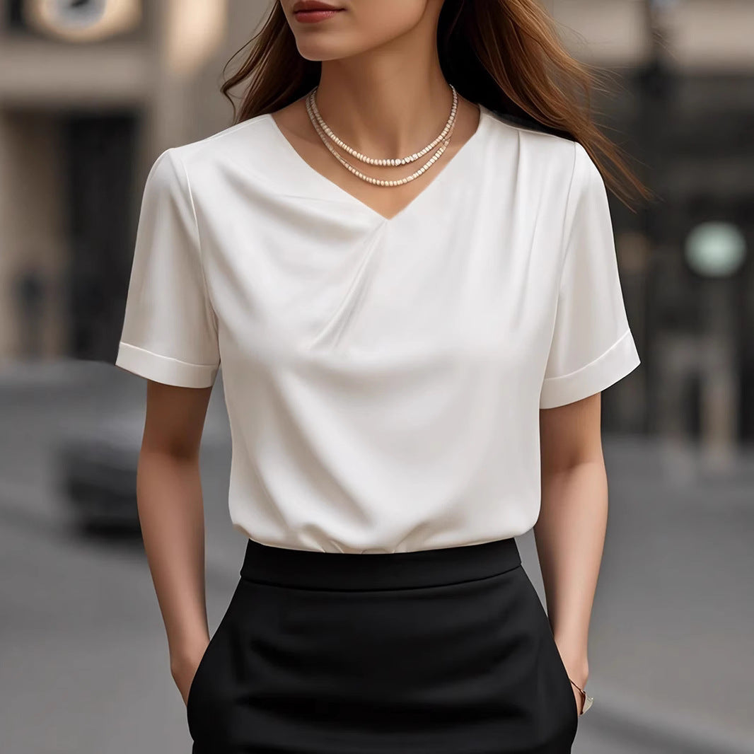 Damen Elegantes V-Ausschnitt Blusenshirt mit kurzärmeligen Design Drune